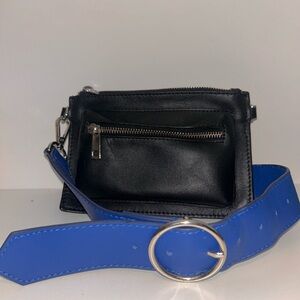 Black Leather Crossbody Bag with Blue Strap